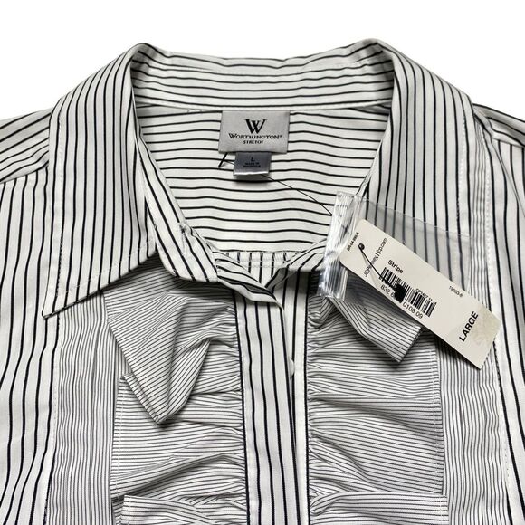 Worthington Striped Tuxedo Ruffle Button Down Shirt Sz L NWT - Picture 6 of 12
